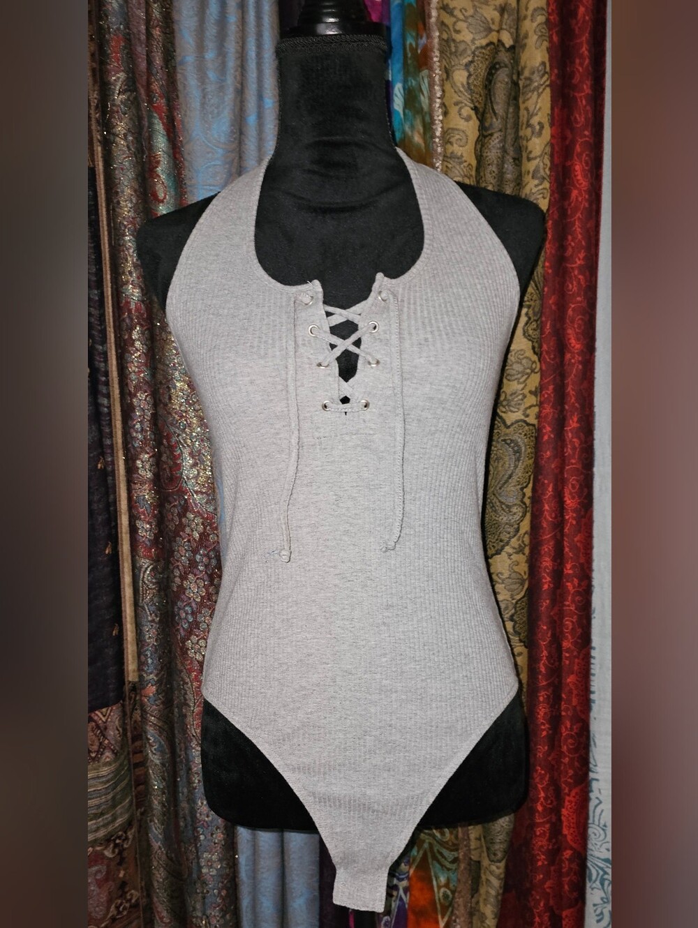 Full Tilt XL Gray Ribbed Lace-Up Halter Bodysuit